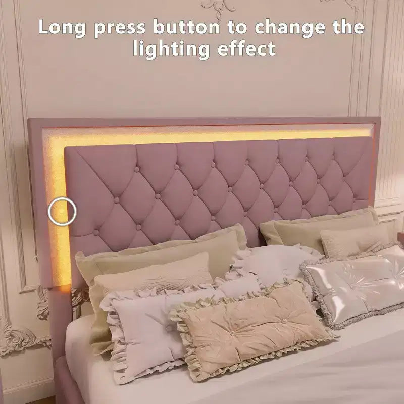 Queen Upholstered Bed Frame with LED Lights, Velvet Platform Bed with Tufted Headboard, Pink