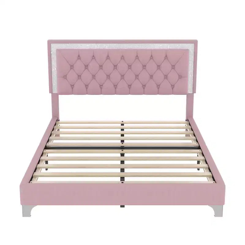 Queen Upholstered Bed Frame with LED Lights, Velvet Platform Bed with Tufted Headboard, Pink