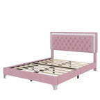 Queen Upholstered Bed Frame with LED Lights, Velvet Platform Bed with Tufted Headboard, Pink