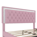 Queen Upholstered Bed Frame with LED Lights, Velvet Platform Bed with Tufted Headboard, Pink
