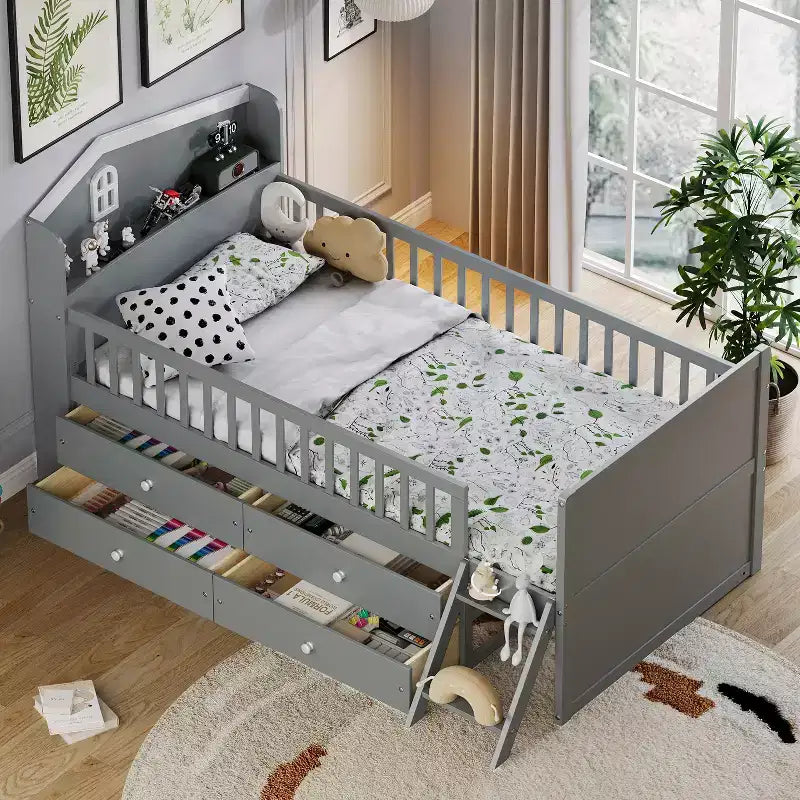 Twin Bed Frame with 4 Storage Drawers, Wood Platform Bed with Guardrail, Headboard and Ladder, Gray