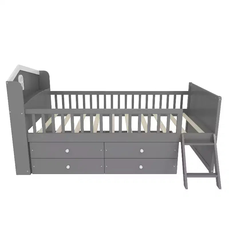 Lit simple avec 4 tiroirs de rangement, lit plateforme en bois avec barrière de sécurité, tête de lit et échelle, gris