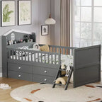 Lit simple avec 4 tiroirs de rangement, lit plateforme en bois avec barrière de sécurité, tête de lit et échelle, gris