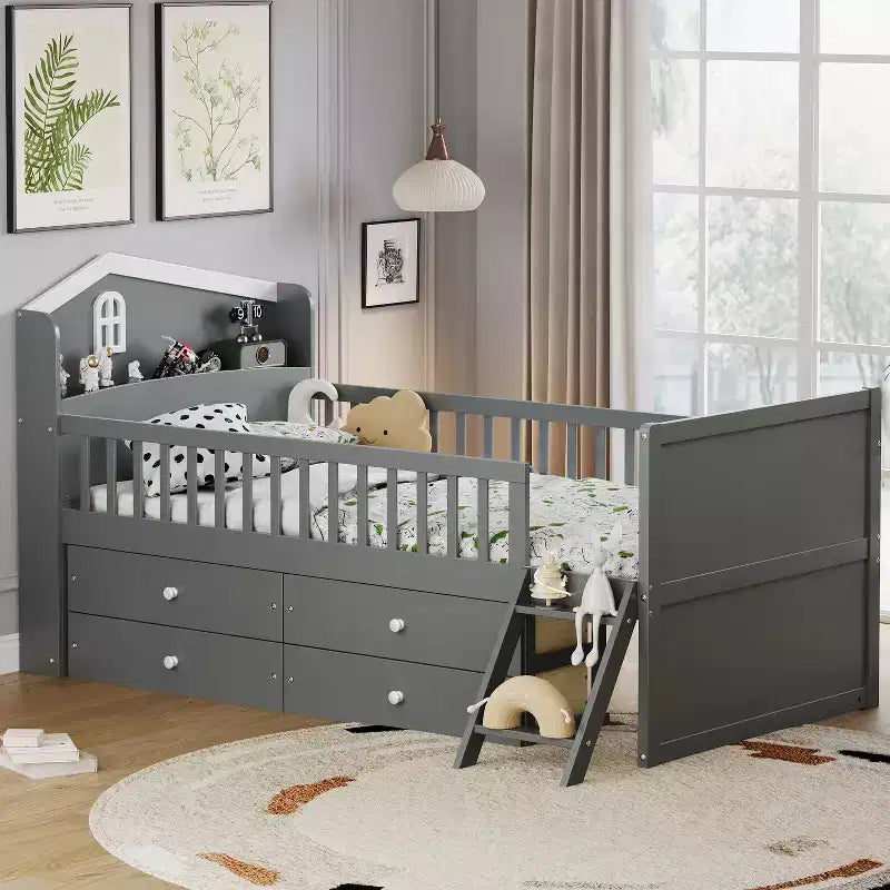 Lit simple avec 4 tiroirs de rangement, lit plateforme en bois avec barrière de sécurité, tête de lit et échelle, gris