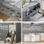 Lit simple avec 4 tiroirs de rangement, lit plateforme en bois avec barrière de sécurité, tête de lit et échelle, gris