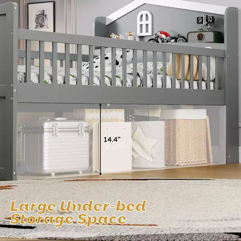 Lit simple avec 4 tiroirs de rangement, lit plateforme en bois avec barrière de sécurité, tête de lit et échelle, gris