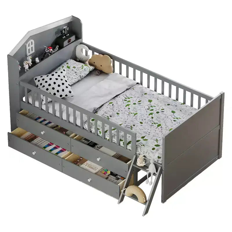 Lit simple avec 4 tiroirs de rangement, lit plateforme en bois avec barrière de sécurité, tête de lit et échelle, gris