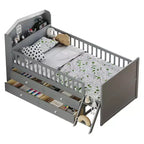 Lit simple avec 4 tiroirs de rangement, lit plateforme en bois avec barrière de sécurité, tête de lit et échelle, gris