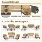 Ensemble de canapé d'angle 6 pièces Whisen pour patio, salon de jardin avec canapé 3 places, 2 fauteuils, 2 poufs, table basse
