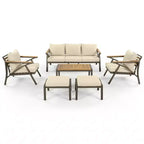 Ensemble de canapé d'angle 6 pièces Whisen pour patio, salon de jardin avec canapé 3 places, 2 fauteuils, 2 poufs, table basse