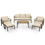 Ensemble de canapé d'angle 6 pièces Whisen pour patio, salon de jardin avec canapé 3 places, 2 fauteuils, 2 poufs, table basse