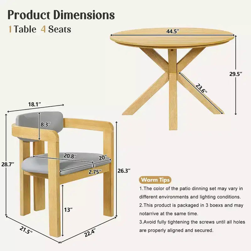 Ensemble de repas extérieur rond Whisen 5 pièces pour 4 personnes, table et chaises de patio, ensemble de conversation de jardin moderne, 1 table à manger et 4 chaises baquets