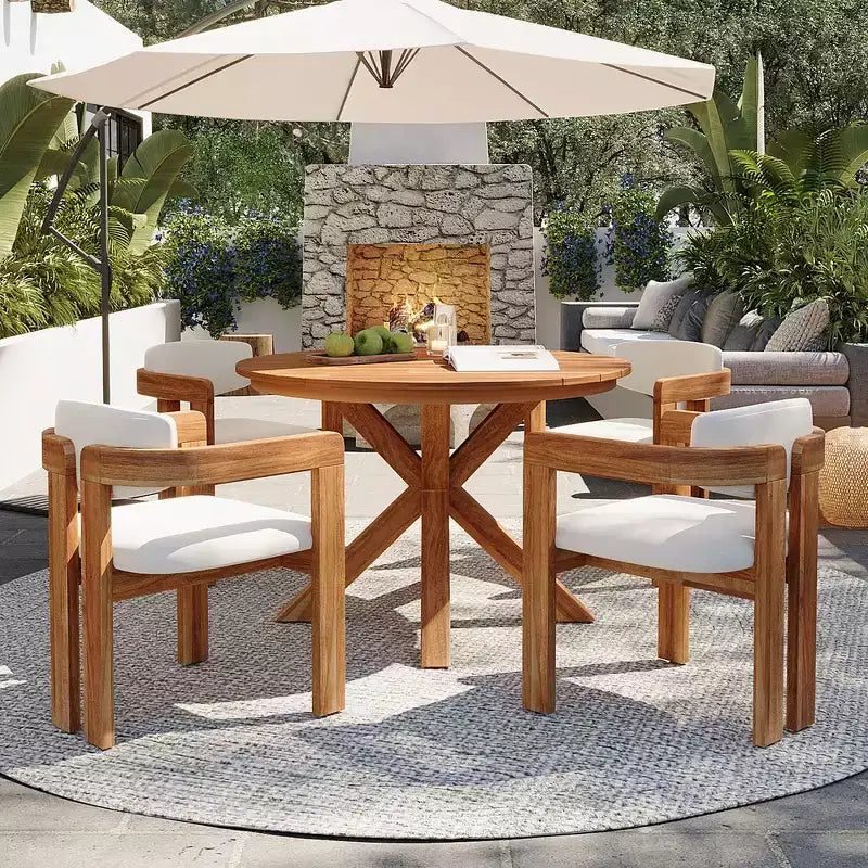 Ensemble de repas extérieur rond Whisen 5 pièces pour 4 personnes, table et chaises de patio, ensemble de conversation de jardin moderne, 1 table à manger et 4 chaises baquets