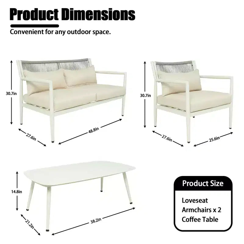 GDFStudio Oscar Modern Outdoor 4-Seat Metal Frame Conversation Set with Thick Cushions and Rope Woven Design