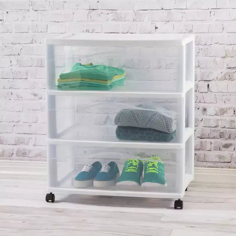 Lot de 4 chariots de rangement larges à 3 tiroirs Sterilite, organisateur en plastique à roulettes, blanc