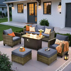 HOMLUX 6-Piece Patio Set w/ 42 Steel Fire Pit, 3-Seater Sofa, Single Chairs & Ottomans