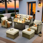 HOMLUX 6-Piece Patio Set w/ 42 Steel Fire Pit, 3-Seater Sofa, Single Chairs & Ottomans