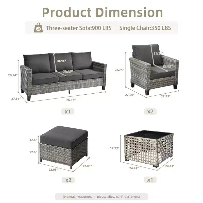Ensemble de canapé d'extérieur 6 pièces HOMLUX avec poufs et table basse en rotin, design ergonomique gris