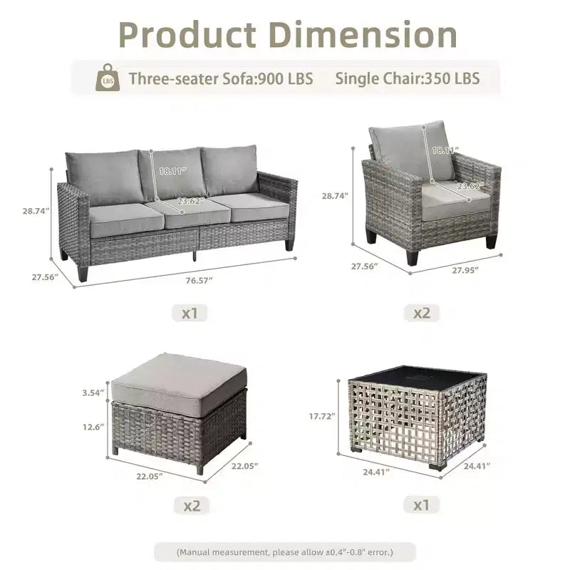 Ensemble de canapé d'extérieur 6 pièces HOMLUX avec poufs et table basse en rotin, design ergonomique gris