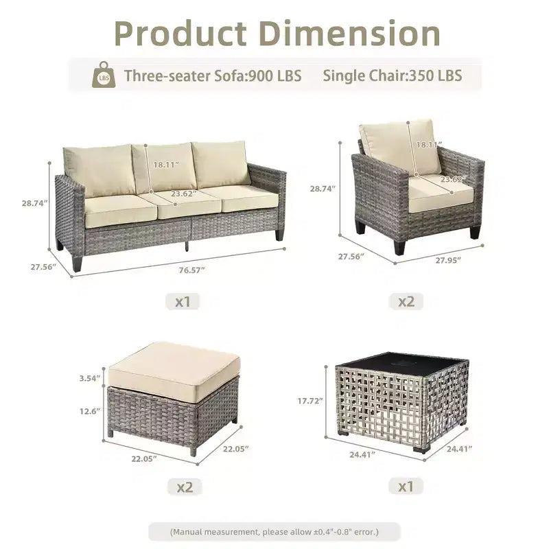 Ensemble de canapé d'extérieur 6 pièces HOMLUX avec poufs et table basse en rotin, design ergonomique gris