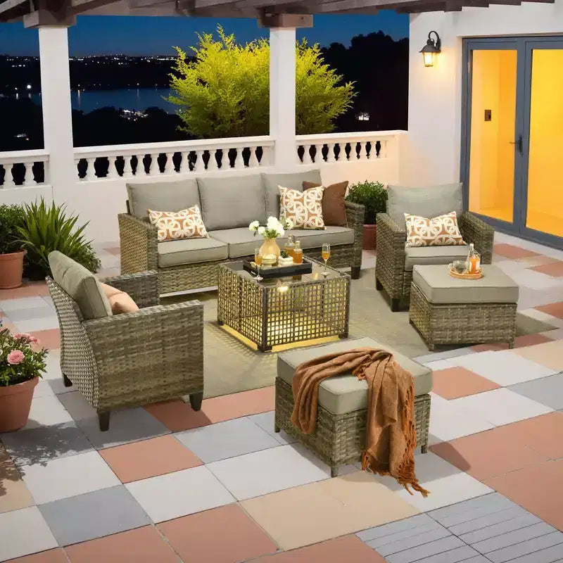 Ensemble de canapé d'extérieur 6 pièces HOMLUX avec poufs et table basse en rotin, design ergonomique gris