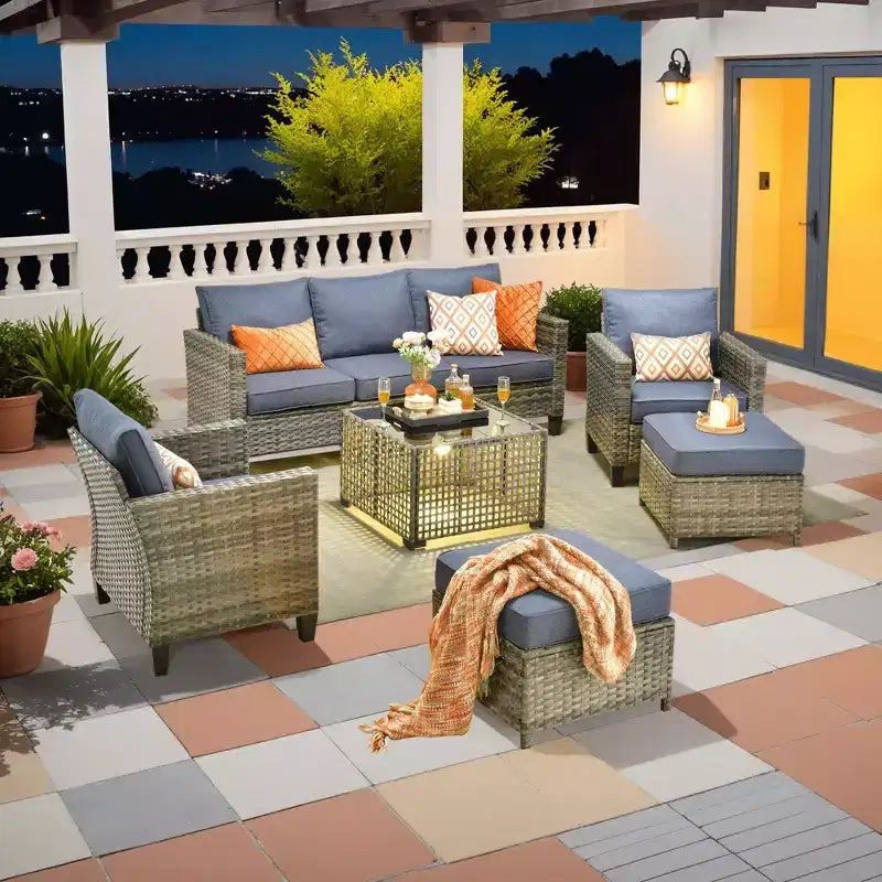 Ensemble de canapé d'extérieur 6 pièces HOMLUX avec poufs et table basse en rotin, design ergonomique gris