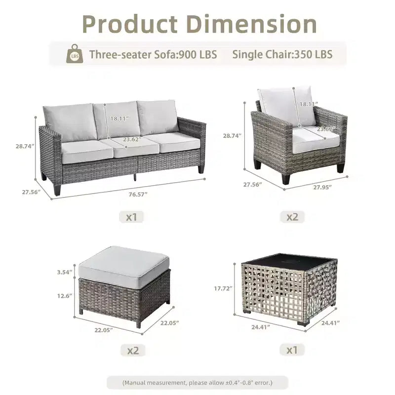 Ensemble de canapé d'extérieur 6 pièces HOMLUX avec poufs et table basse en rotin, design ergonomique gris