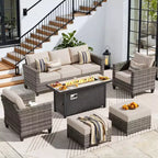 HOMLUX Outdoor 6-Piece Sofa Set w/ 54 Fire Pit Table, Gray Rattan & Easy-Clean Fabric