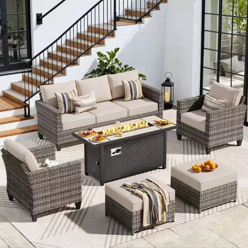 HOMLUX Outdoor 6-Piece Sofa Set w/ 54 Fire Pit Table, Gray Rattan & Easy-Clean Fabric