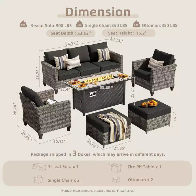 HOMLUX Outdoor 6-Piece Sofa Set w/ 54 Fire Pit Table, Gray Rattan & Easy-Clean Fabric