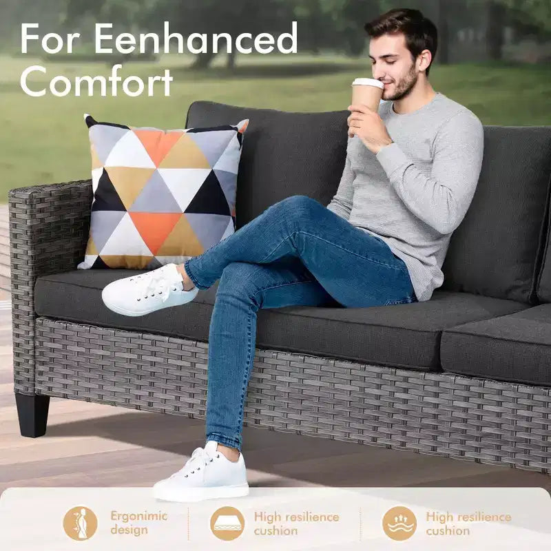 HOMLUX Outdoor 6-Piece Sofa Set w/ 54 Fire Pit Table, Gray Rattan & Easy-Clean Fabric