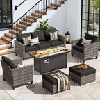 HOMLUX Outdoor 6-Piece Sofa Set w/ 54 Fire Pit Table, Gray Rattan & Easy-Clean Fabric