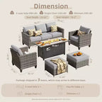HOMLUX Outdoor 6-Piece Sofa Set w/ 54 Fire Pit Table, Gray Rattan & Easy-Clean Fabric