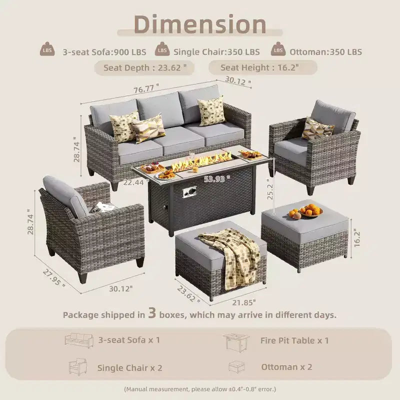 HOMLUX Outdoor 6-Piece Sofa Set w/ 54 Fire Pit Table, Gray Rattan & Easy-Clean Fabric