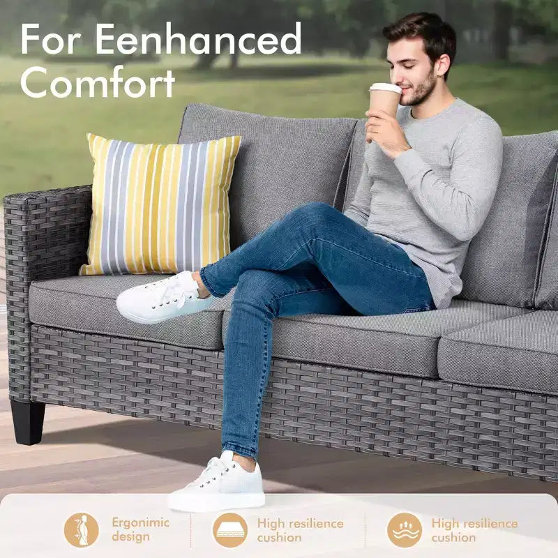 HOMLUX Outdoor 6-Piece Sofa Set w/ 54 Fire Pit Table, Gray Rattan & Easy-Clean Fabric