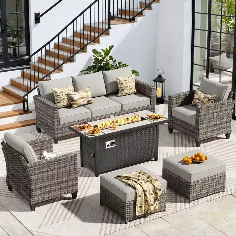 HOMLUX Outdoor 6-Piece Sofa Set w/ 54 Fire Pit Table, Gray Rattan & Easy-Clean Fabric
