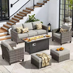 HOMLUX Outdoor 6-Piece Sofa Set w/ 54 Fire Pit Table, Gray Rattan & Easy-Clean Fabric