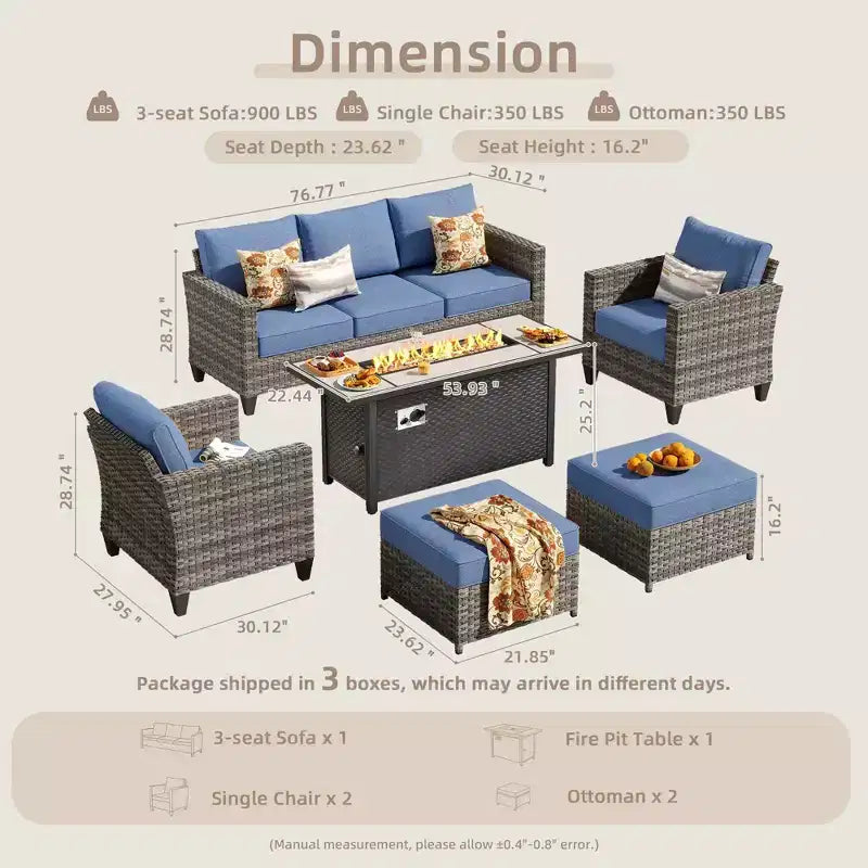 HOMLUX Outdoor 6-Piece Sofa Set w/ 54 Fire Pit Table, Gray Rattan & Easy-Clean Fabric