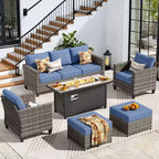HOMLUX Outdoor 6-Piece Sofa Set w/ 54 Fire Pit Table, Gray Rattan & Easy-Clean Fabric
