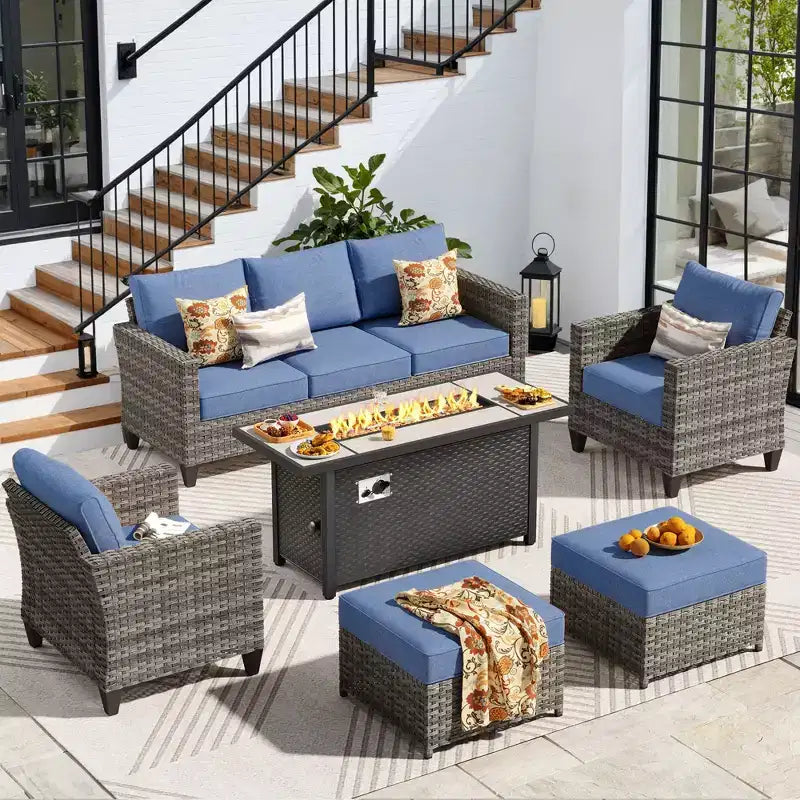 HOMLUX Outdoor 6-Piece Sofa Set w/ 54 Fire Pit Table, Gray Rattan & Easy-Clean Fabric