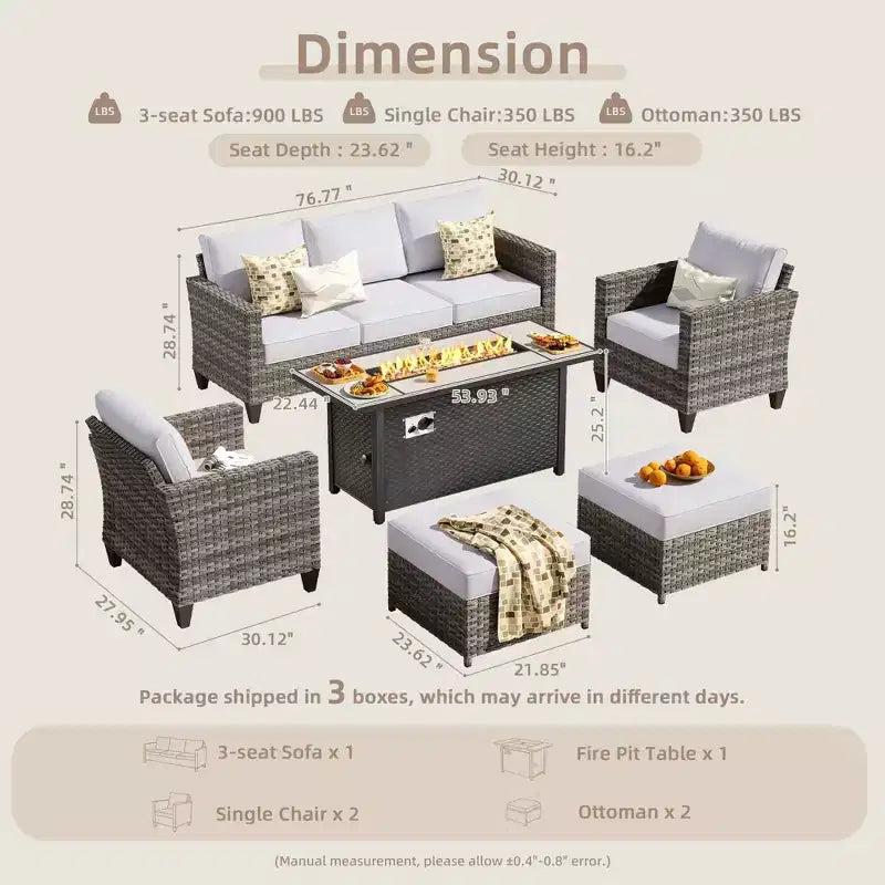 HOMLUX Outdoor 6-Piece Sofa Set w/ 54 Fire Pit Table, Gray Rattan & Easy-Clean Fabric