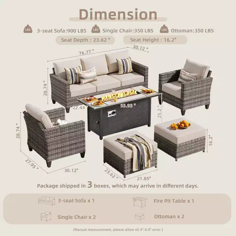 HOMLUX Outdoor 6-Piece Sofa Set w/ 54 Fire Pit Table, Gray Rattan & Easy-Clean Fabric