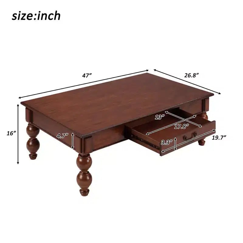 JVNOXK Rectangular Wooden Coffee Table with Storage Drawer, with Solid Wood Gourd-Shaped Legs for Living Room,Walnut