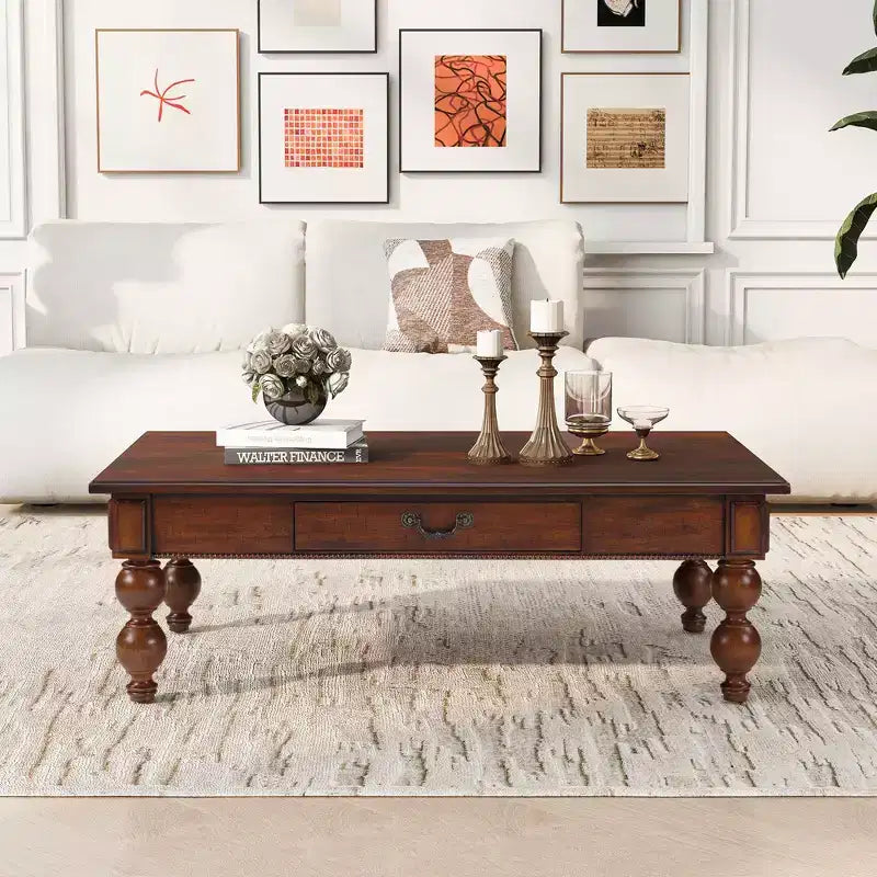 JVNOXK Rectangular Wooden Coffee Table with Storage Drawer, with Solid Wood Gourd-Shaped Legs for Living Room,Walnut