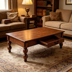 JVNOXK Rectangular Wooden Coffee Table with Storage Drawer, with Solid Wood Gourd-Shaped Legs for Living Room,Walnut