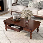 JVNOXK Rectangular Wooden Coffee Table with Storage Drawer, with Solid Wood Gourd-Shaped Legs for Living Room,Walnut