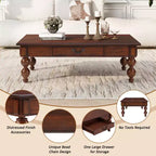 JVNOXK Rectangular Wooden Coffee Table with Storage Drawer, with Solid Wood Gourd-Shaped Legs for Living Room,Walnut