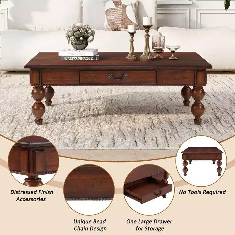 JVNOXK Rectangular Wooden Coffee Table with Storage Drawer, with Solid Wood Gourd-Shaped Legs for Living Room,Walnut