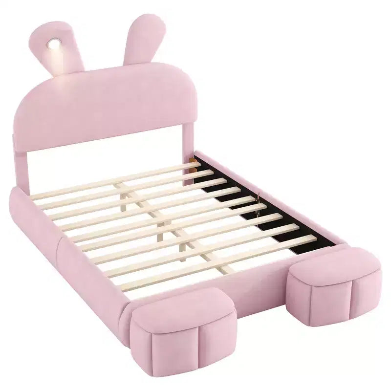 Luxystar Full Size Velvet Upholstered Platform Bed with Headboard and Light, Pink