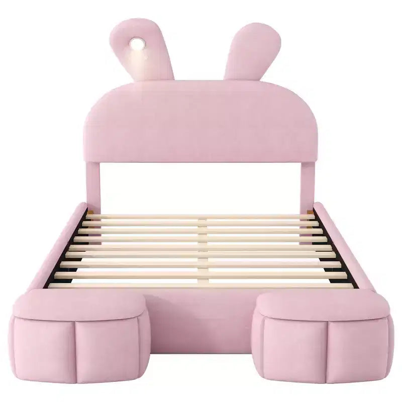 Luxystar Full Size Velvet Upholstered Platform Bed with Headboard and Light, Pink